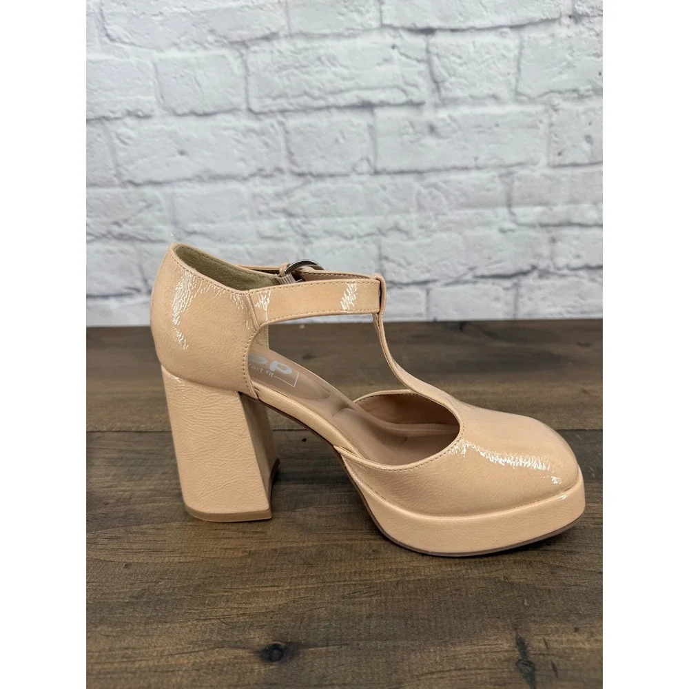 POP Extra Comfort Nude Patent T-Strap Platform Heels Size 6 Retro Mod Mary Jane